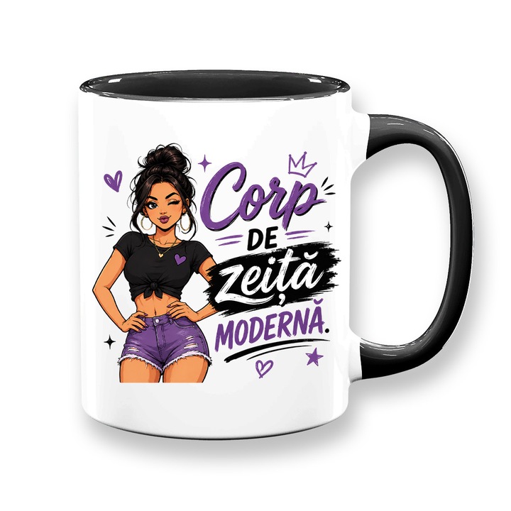 Cana cu mesaj amuzant: "Corp de zeita moderna", alba cu interior negru, 330ml, ceramica