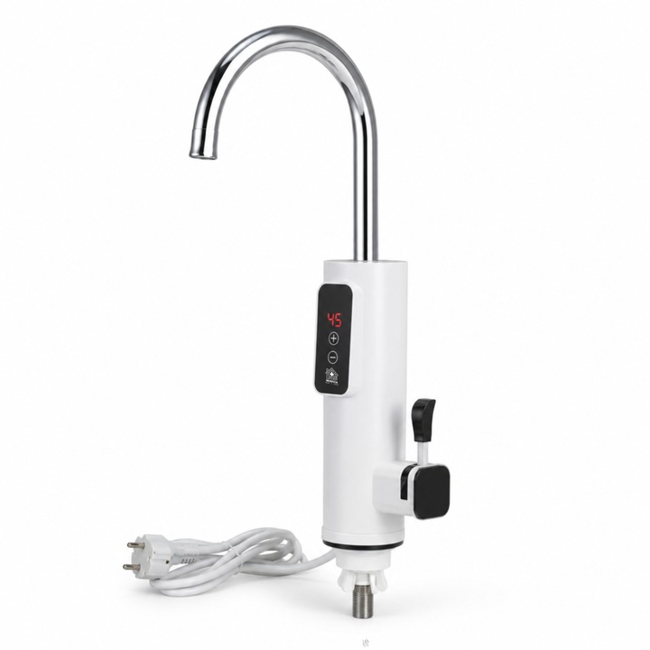 Robinet Electric, Instant Electric, MODVIA, Apa Calda in 3 secunde, Putere 3300W, Afisaj Digital LED, Temperatura Reglabila, Control Tactil, Protectie la Supraincalzire 67°C, Rezistenta Compacta Noua, Montaj pe Blat, Design Modern, Alb