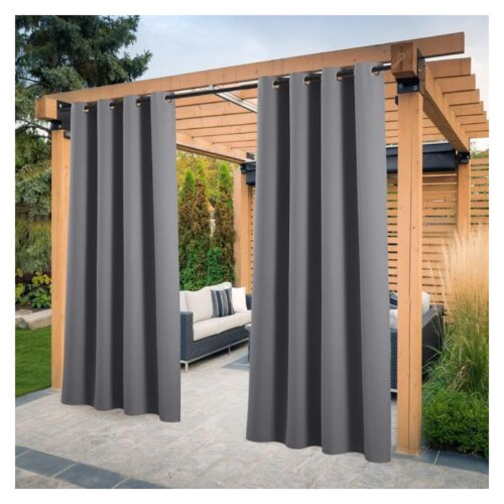 Cortina de exterior impermeabila si termoizolanta (gri inchis, 2 bucati / 132 x 213 cm). Perdele opace, rezistente la vant si UV, potrivite pentru gradini, pergole, foisoare, balcoane si terase
