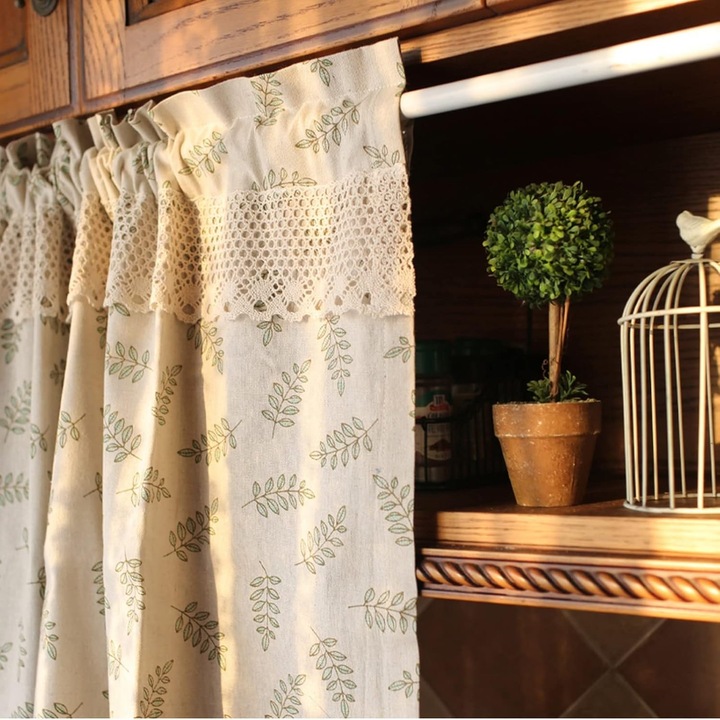 Perdele scurte de bucatarie pentru ferestre mici, perdele tip disc din bumbac si in, frunze verzi, bej, opace, stil vintage country house, jumatate de valance (140L X 70I cm)