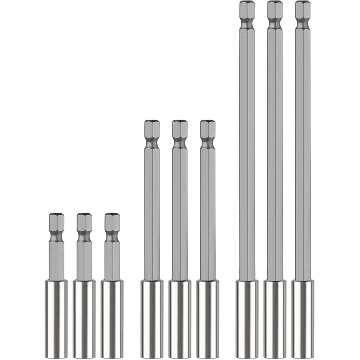 Pachet 9 biti magnetice de surubelnita, suport magnetic pentru biti de 1/4", extensie cu tija hexagonala, suport extensie pentru biti de surubelnita 60/100/150 mm, tija extensie pentru burghiu