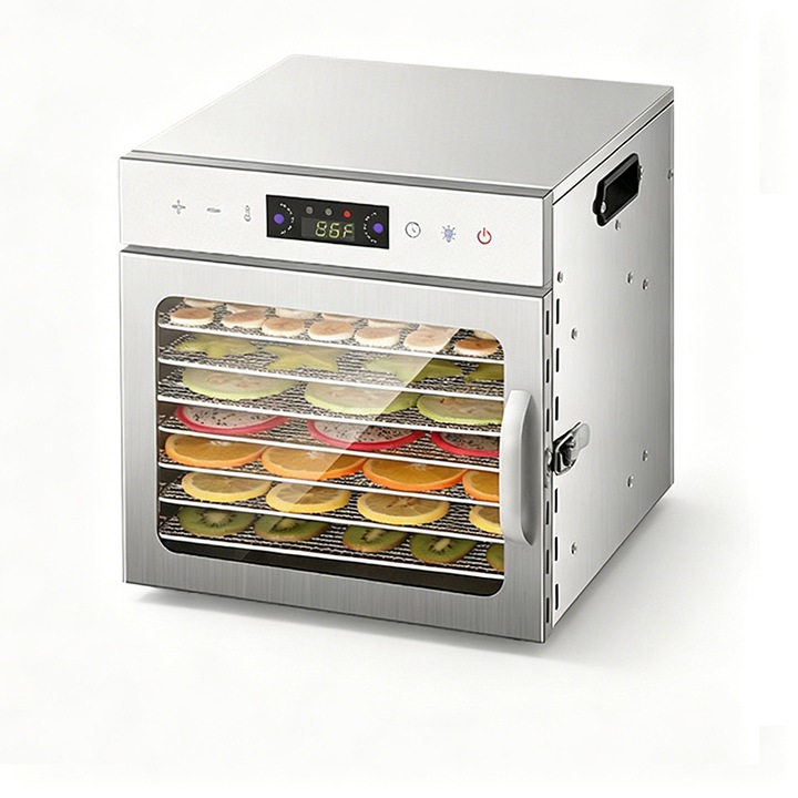Deshidrator alimente, Rqiurpn, 8 straturi, tavi inox, 400W, Termostat 30-90°C, control digital, Timer 24 ore,30X31X31CM, argintiu