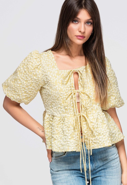 Bluza dama cu decolteu patratos, maneci bufante, material texturat, Galben