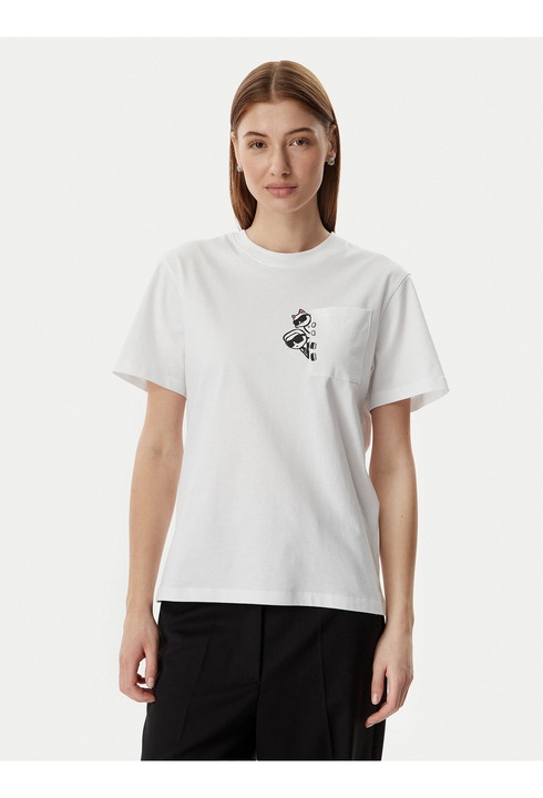 Tricou dama, Karl Lagerfeld, alb, bumbac organic, imprimeu grafic, croiala regular fit
