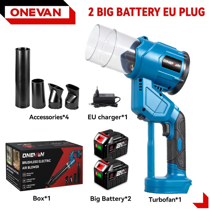 Suflanta electrica de aer, turboventilator fara cablu 18V, cu 2 baterii mari, 5000W, presiune ridicata, portabil de mana, Argintiu