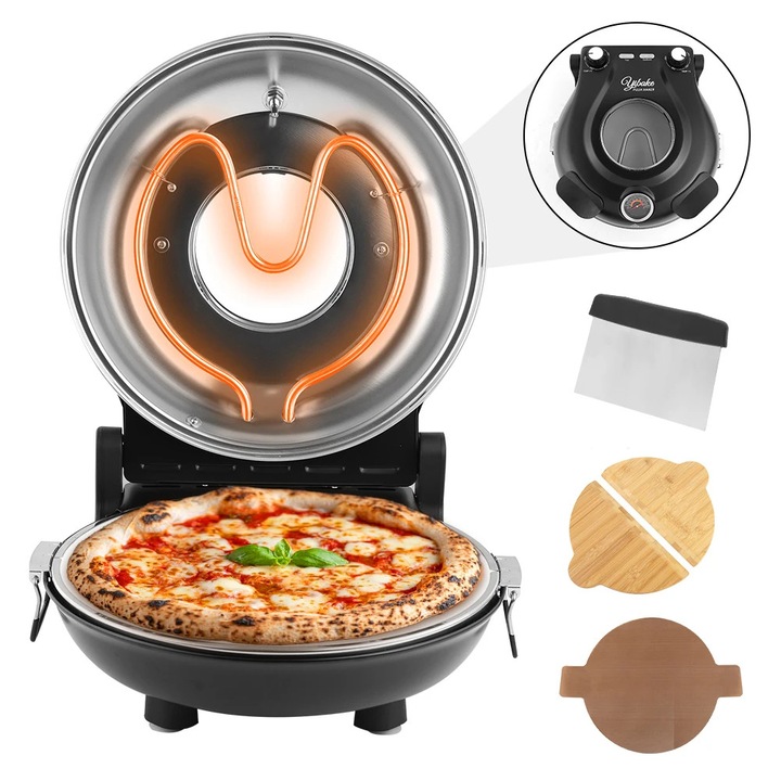 Elektromos pizzasütő, Asztali modell, 30 cm-es pizzához, 1200 W teljesítmény, Akár 420°C-ig, Mázas kerámia pizzakő, Precíz hőmérséklet-szabályozás két gombbal, EU csatlakozó, Kék
