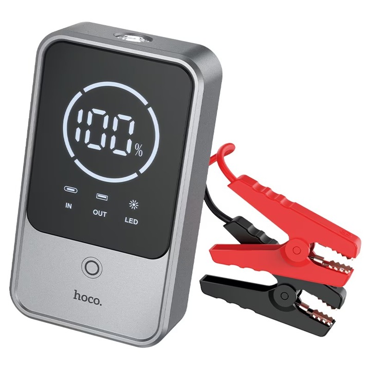 Baterie Externa cu Jump Starter Hoco QS7, Incarcare rapida, PD20W, Display Digital, USB-C, 10000mAh, Gri