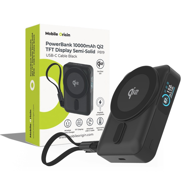 Mobile Origin PB19 Qi2 külső akkumulátor, 10000mAh, 20W, USB-C, MagSafe, 15W vezeték nélküli töltés, Fekete