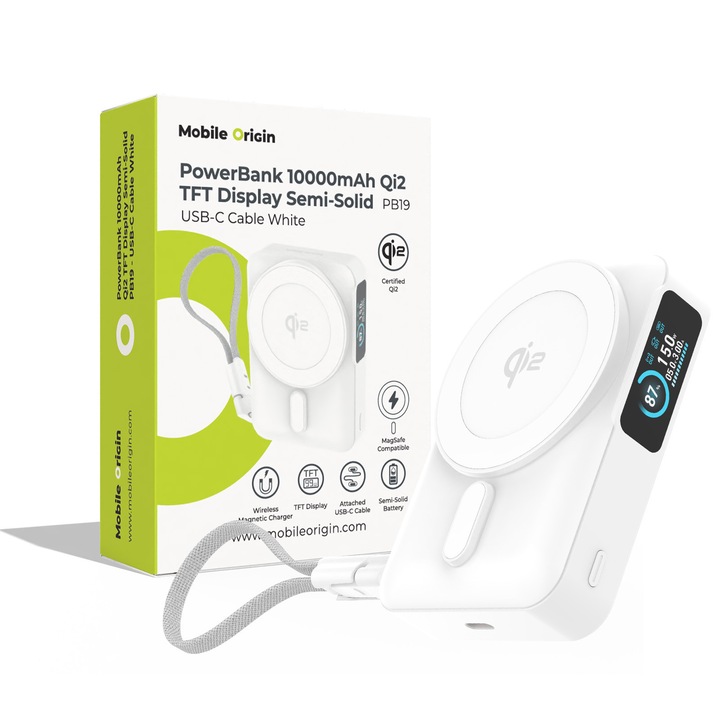 Mobile Origin PB19 Qi2 külső akkumulátor, 10000mAh, 20W, USB-C, MagSafe, 15W vezeték nélküli töltés, Fehér