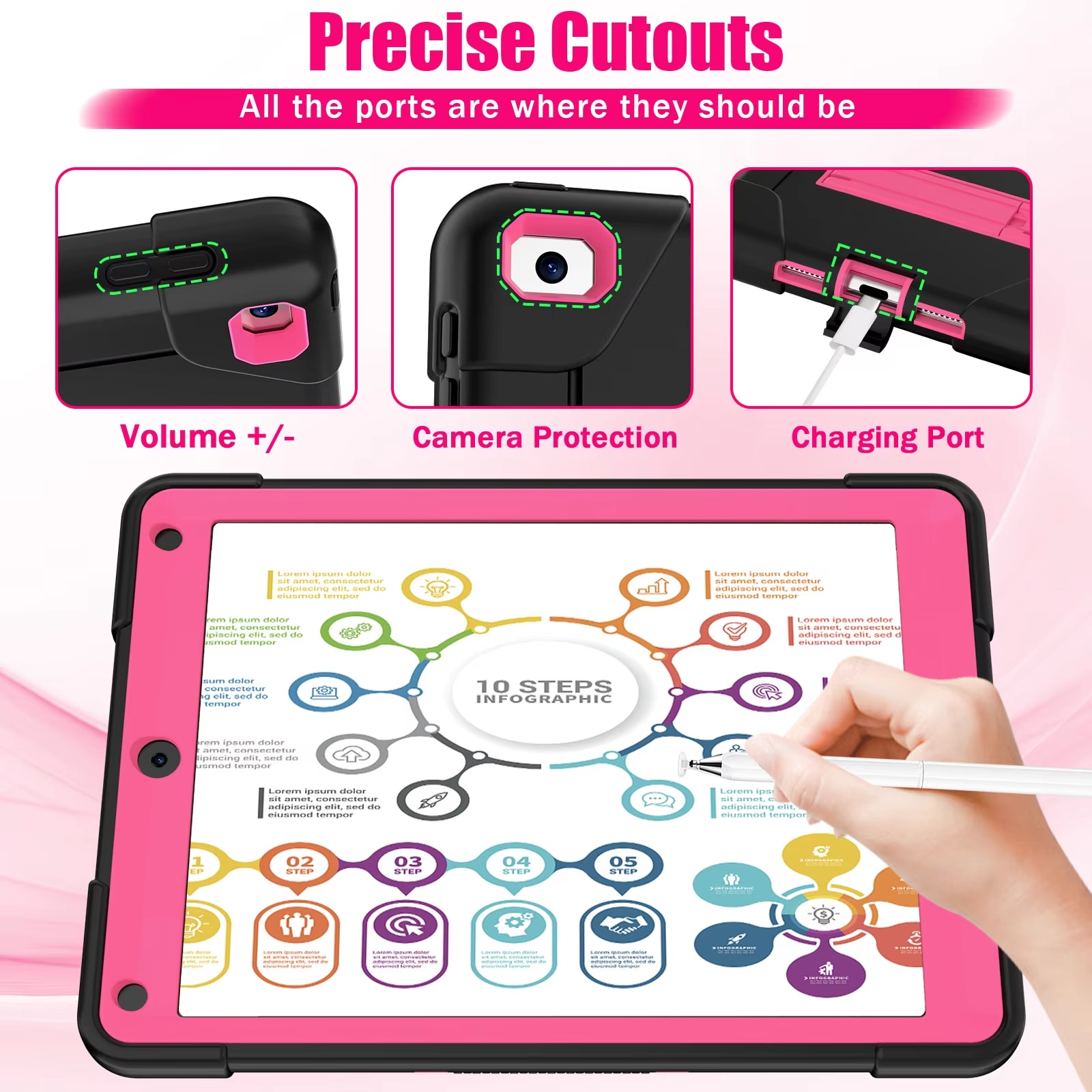 Husa Protectie Pentru iPad 2/3/4, Antisoc, Cu Suport, Culoare Negru Si Roz