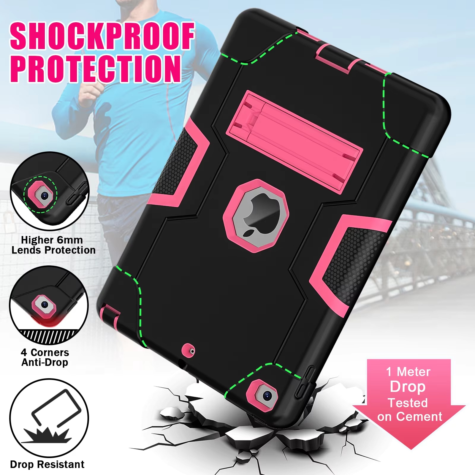 Husa Protectie Pentru iPad 2/3/4, Antisoc, Cu Suport, Culoare Negru Si Roz