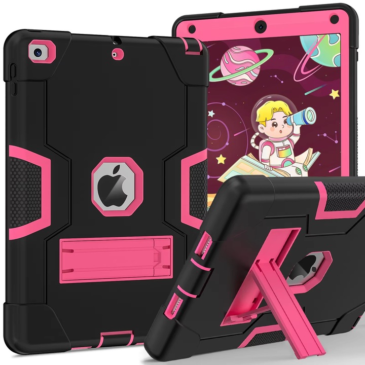 Husa Protectie Pentru iPad 2/3/4, Antisoc, Cu Suport, Culoare Negru Si Roz