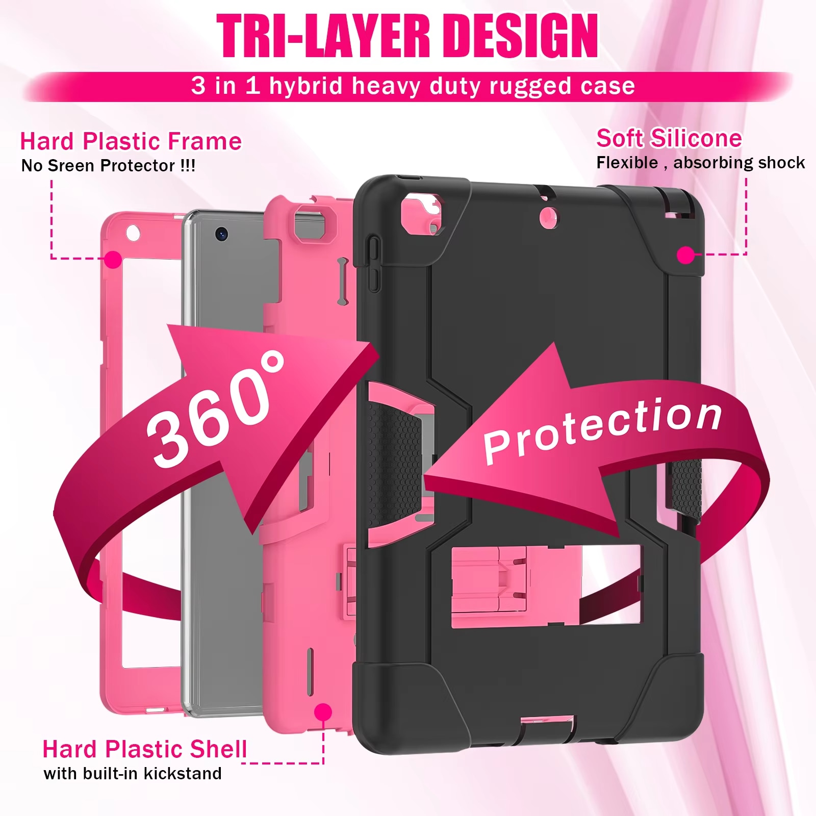 Husa Protectie Pentru iPad 2/3/4, Antisoc, Cu Suport, Culoare Negru Si Roz