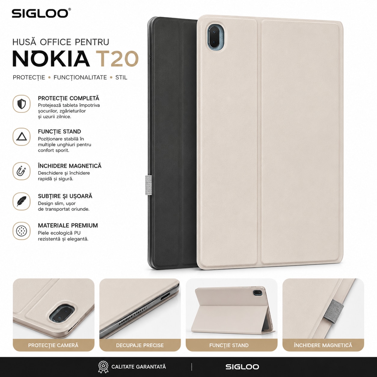 Husa Office SIGLOO pentru Nokia T20, Functie Stand, Inchidere Magnetica, Protectie Completa, Material Premium, Bej