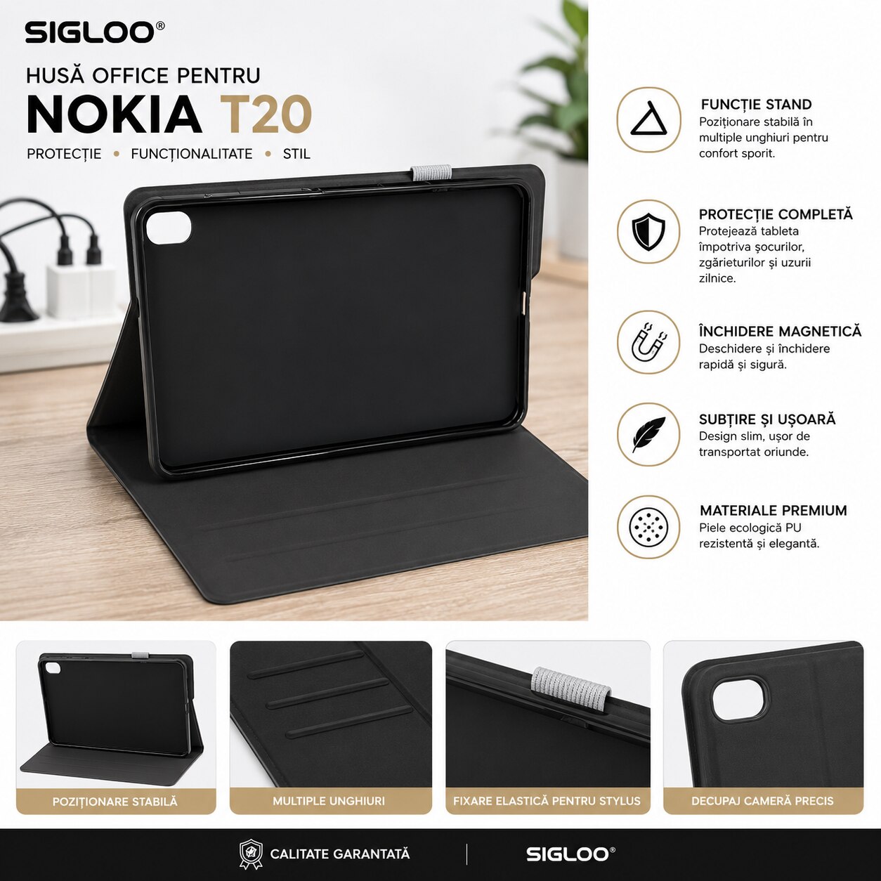 Husa Office SIGLOO pentru Nokia T20, Functie Stand, Inchidere Magnetica, Protectie Completa, Material Premium, Bej