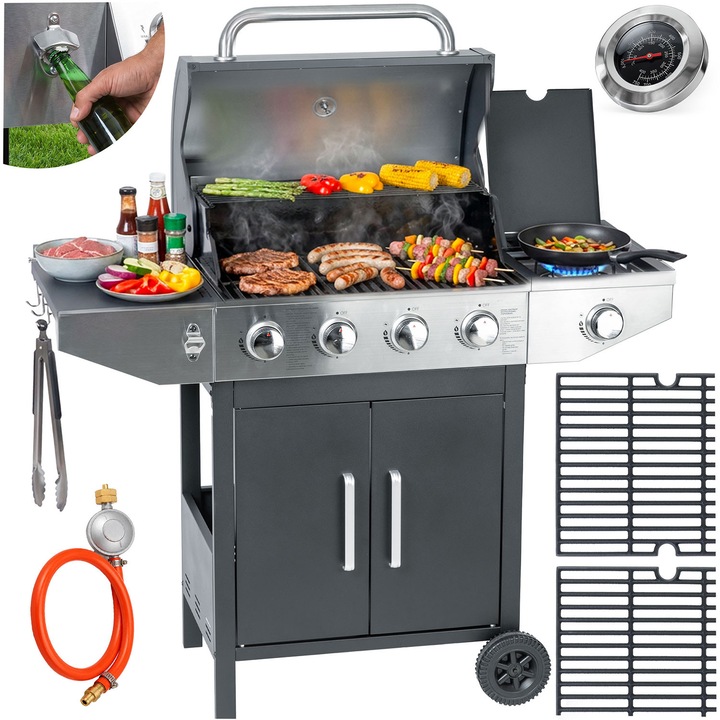 Gratar gaz gradina Berdsen BD-896B, 5 arzatoare, fonta, gri, 120x114x47cm
