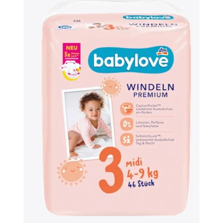 Scutece premium de unica folosinta babylove Midi 3 4–9 kg 46 bucati, protectie a pielii la 360°, uscare pana la 12 ore, fara parfum, fara lotiune, fara latex natural, folie