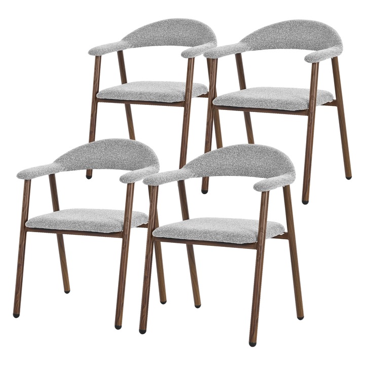 Set 4 scaune bucatarie ML-Design, cu brate si spatar, tapitat, gri, scaune dining si living, picioare din otel cu efect de lemn, fotolii ergonomice, design modern, piesa de mobilier pentru sufragerie si zona de luat masa, asamblare simpla si rapida