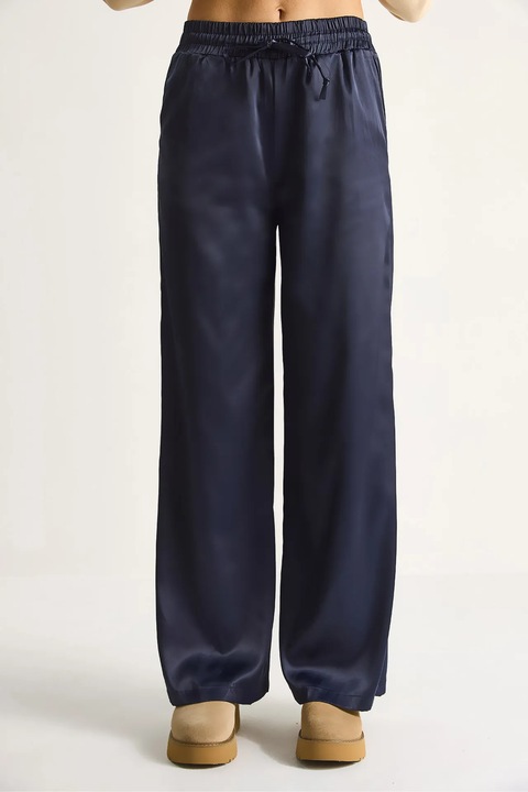 Pantaloni dama, Bianco Lucci, satin, talie inalta, picior larg, albastru