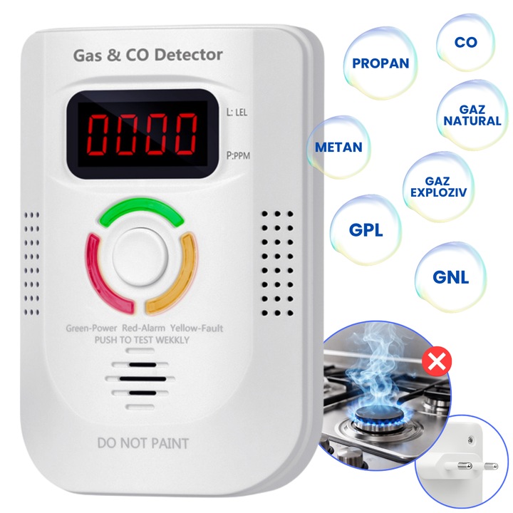 2-in-1 Detector Gaze si Monoxid de Carbon CO INTEXXA®, Senzor Dual, Alarma Sonora si Vizuala, Afisaj Digital in Timp Real, Plug & Play, Monitorizare Continua pentru Bucatarie si Locuinta, Alb