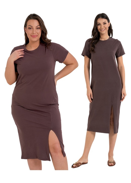 Rochie Dama Tip T-Shirt Lungime Midi, Moraj, Maro Uni, Design Minimalist, Bumbac, Croiala Dreapta Confortabila Cu Crapaturi Laterale Elegante, Decolteu Rotund, Maneci Scurte, Stil Casual Rafinat, Calitate Premium, Maro cafeniu