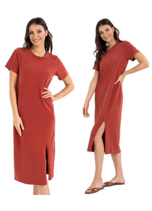 Rochie Dama Tip T-Shirt Lungime Midi, Moraj, Rosu Uni, Design Minimalist, Bumbac Moale, Croiala Dreapta Confortabila Cu Crapaturi Laterale Elegante, Decolteu Rotund, Maneci Scurte, Stil Casual Rafinat, Calitate Exceptionala, Rosu