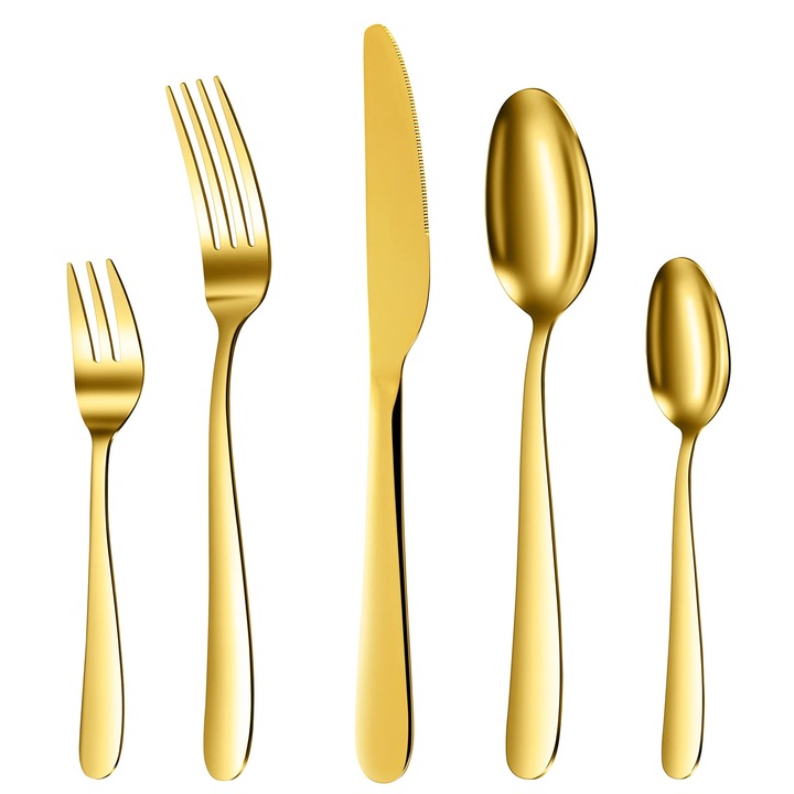 Set tacamuri 60 piese, Serviciu de masa din otel inoxidabil, Finisaj oglinda, Compatibil cu masina de spalat vase, Cutit furculita lingurita cafea, Portocaliu