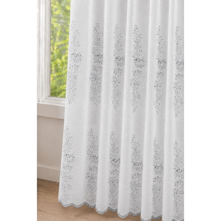 Perdea decorativa brodata, gri, lucrata pe rejansa, 550 x 260 cm