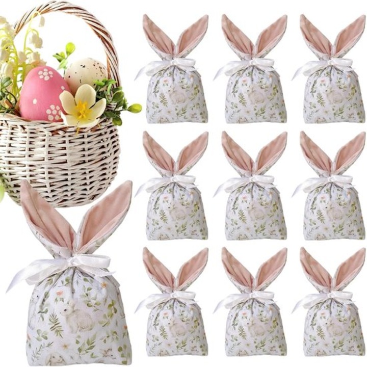 Set 10 pungi cadou iepuras roz alb 15x23cm cu snur dublu