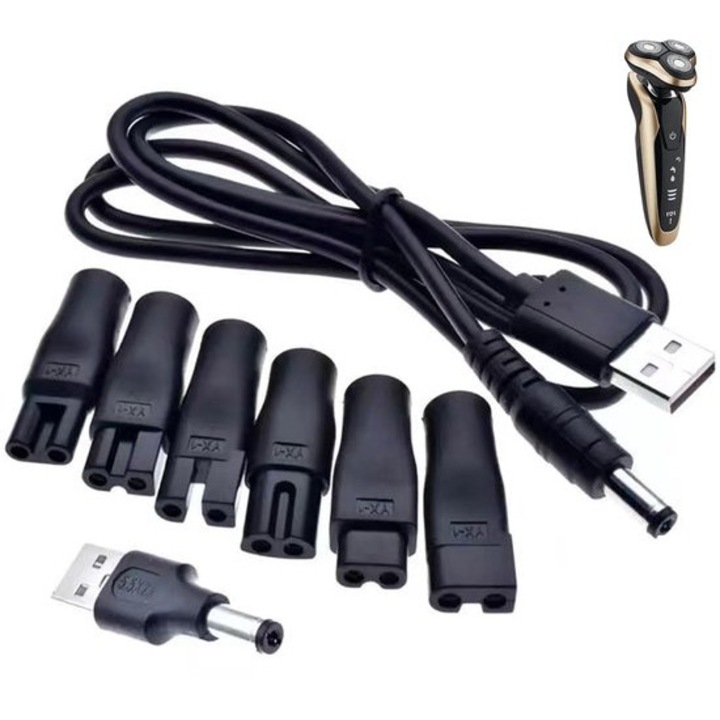 Cablu incarcare USB cu 7 adaptoare pentru aparat de ras si tuns, multifunctional, negru, compact