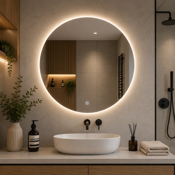 Oglinda baie LED rotunda cu functie anti-aburire, iluminare perimetrala reglabila cu control tactil, 80 cm