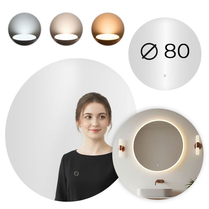 Oglinda baie LED rotunda cu functie anti-aburire, iluminare perimetrala reglabila cu control tactil, 80 cm