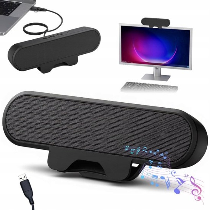 PC hangszóró, clip-on, 10W, USB, fekete, 21.6x3cm, 1.5m kábellel