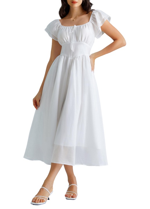 Rochie Dama, Alb, Rochie de Petrecere Eleganta, Decolteu Patrat, Albastru, Marimea XL