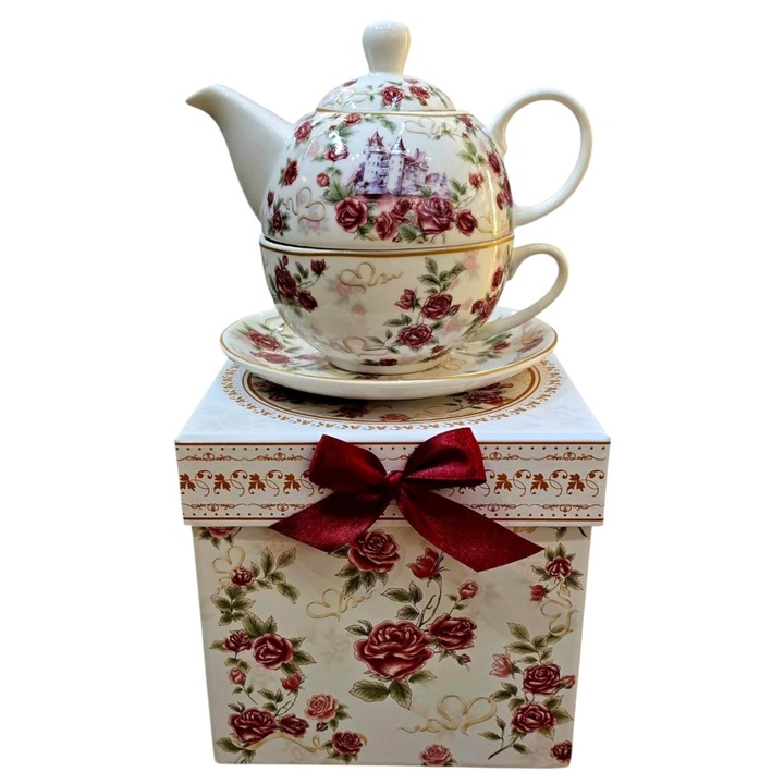 Set ceainic cu ceasca si farfurie pentru o persoana cu imprimeu Trandafi rosu Hamilton, 350 ml, Rosu alb