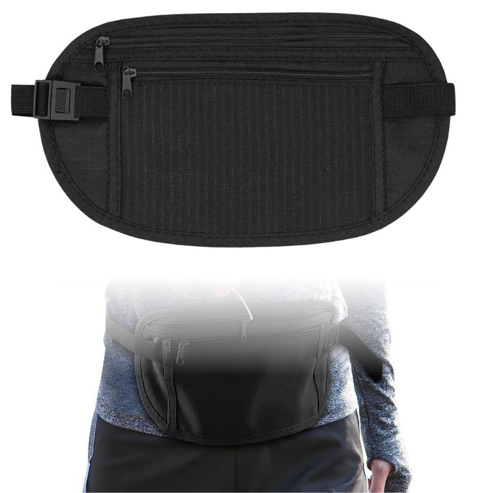 InvisiPouch Lopásgátló, Rejtett Deréktáska, Utazáshoz és Fesztiválokhoz Alkalmas, Ultrakönnyű Kialakítás, Vízálló és Légáteresztő, 2 Rekesz, Rugalmas Pánt, Uniszex, Fekete