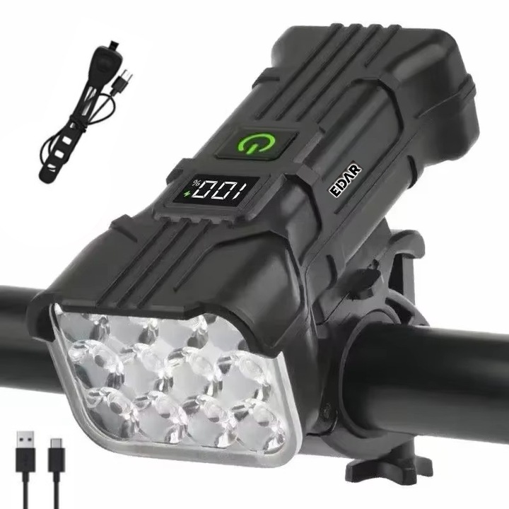 EDAR LED Kerékpár Lámpa, 12 LED-es Fényszóró, 5 Világítási Mód, USB Töltés, Kábellel, Kürt funkcióval, Akkumulátor kijelző, Erős Fény, Fekete