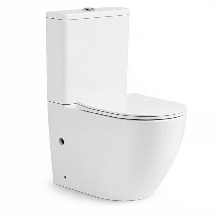 Vas WC, Keramka®, 62x36x41 cm, Vas de Toaleta cu Rezervor Inclus, Mecanism Rezervor Geberit 4L/6L, Vas WC Pe Pardoseala Rimless, Evacuare Universala Perete/Podea, Capac SoftClose, Sistem Fara Rama, Evacuare Podea Si Perete, Montaj Pe Pardoseala, Alb