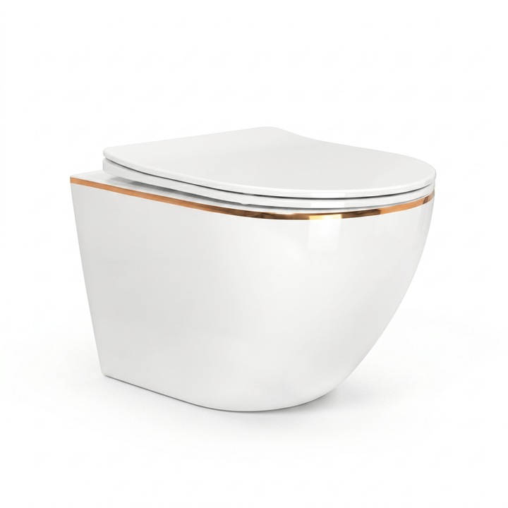 Vas WC, Keramka® 49x36x36 cm, Vas Toaleta Suspendat Rimless, Capac UV Softclose Quick Release, Sistem Spalare Tornado Fara Rama, Vas WC Ceramic, Montaj Perete, Prindere 180 mm, Evacuare Orizontala, Design Gold Line, Cadru Incastrat, Alb