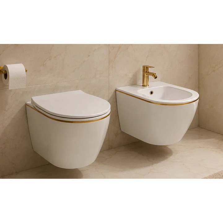 Vas WC, Keramka®, 49x36x36 cm, Vas de Toaleta cu Bideu, Set Rimless Sofia Gold Line, Vas Toaleta Suspendat, Bideu Suspendat, Capac UV Softclose Quick Release, Sistem Spalare Fara Rama, Montaj Perete, Prindere 180 mm, Evacuare Orizontala, Alb
