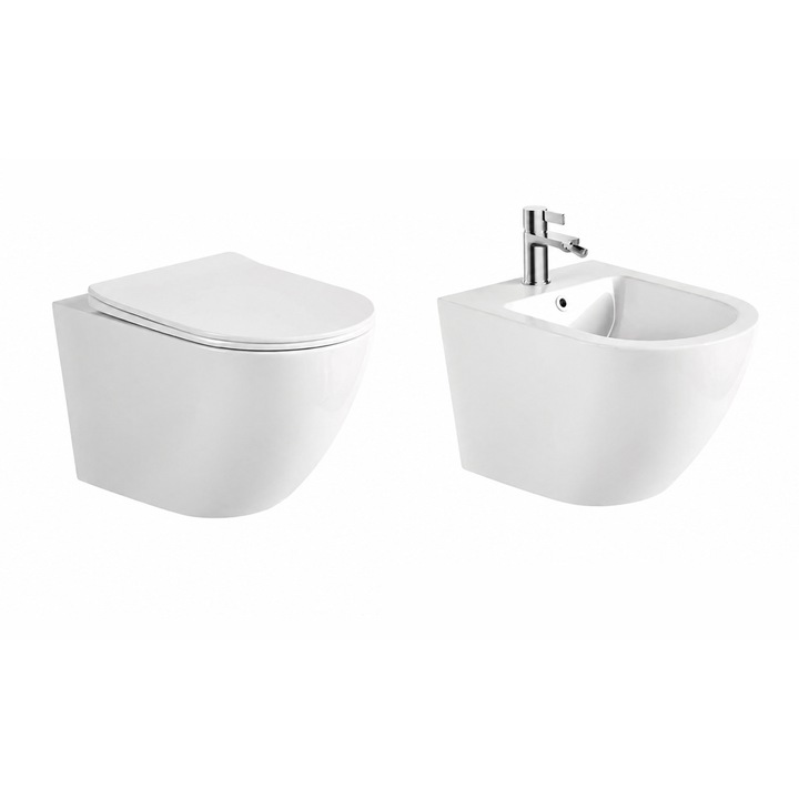 Vas WC, Keramka®, 49x36x36 cm, Vas de Toaleta cu Bideu Suspendat, Set Rimless Fara Margini, Vas WC Suspendat Sofia, Bideu Suspendat Sofia, Capac SoftClose Quick Release, Evacuare Orizontala, Prindere 180 mm, Montaj Pe Cadru Incastrat, Alb