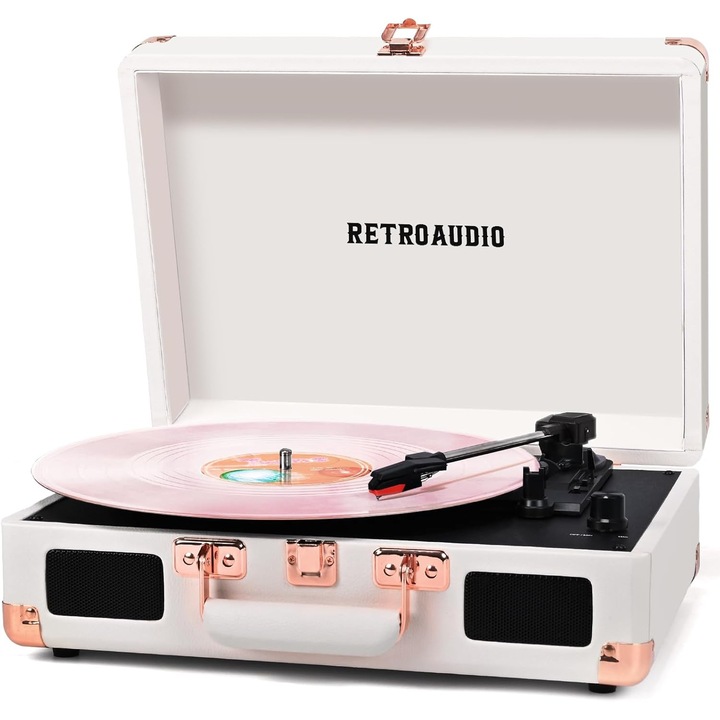 Pickup de vinil cu boxe incorporate, pick-up vintage cu 3 viteze, conectivitate Bluetooth, carcasa portabila, transmisie pe curea, compatibil cu iesire RCA si iesire audio
