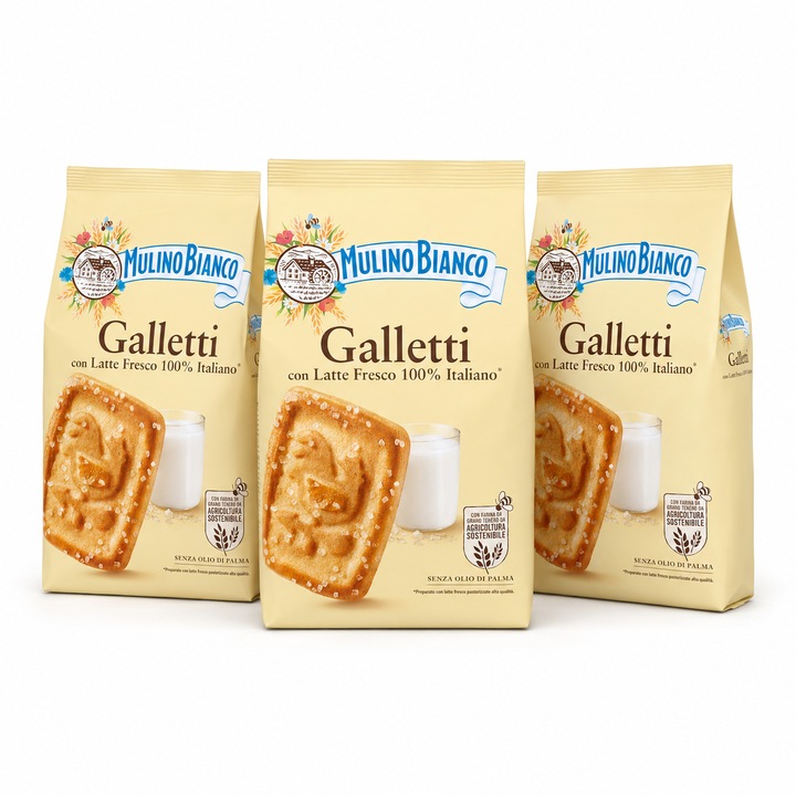 Set 3 x Biscuiti Mulino Bianco Galletti cu lapte proaspat 100% italian, 350 g/bucata, total 1, 05 kg