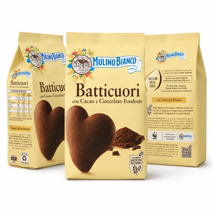 Set 3 x Biscuiti Mulino Bianco Batticuori cu cacao si ciocolata fondanta, 350 g/bucata