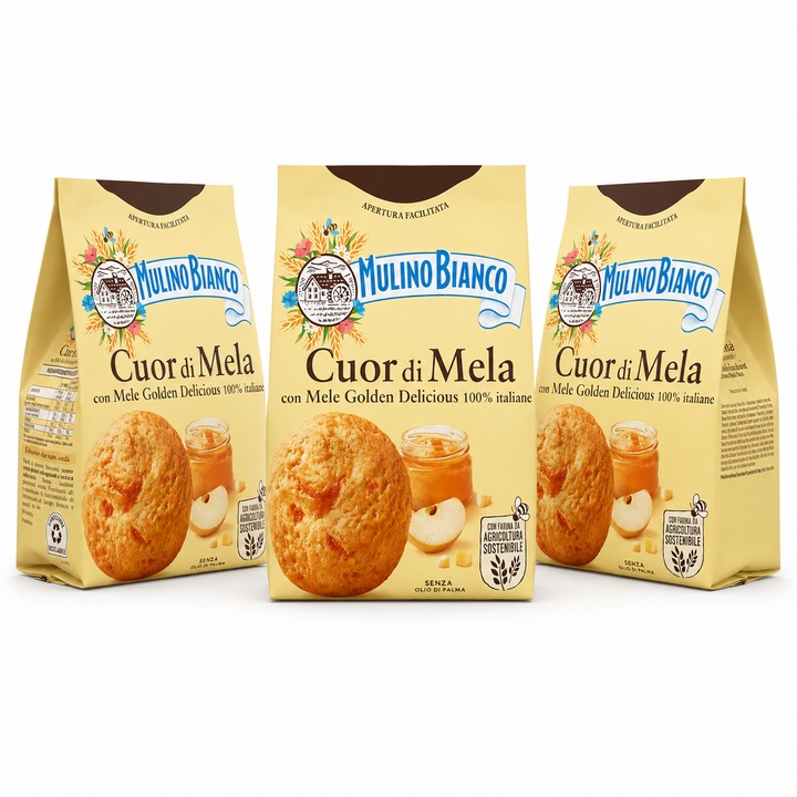 Set 3 x Biscuiti Mulino Bianco Cuor di Mela, 300 g/bucata, cu mere Golden Delicious 100% italiene