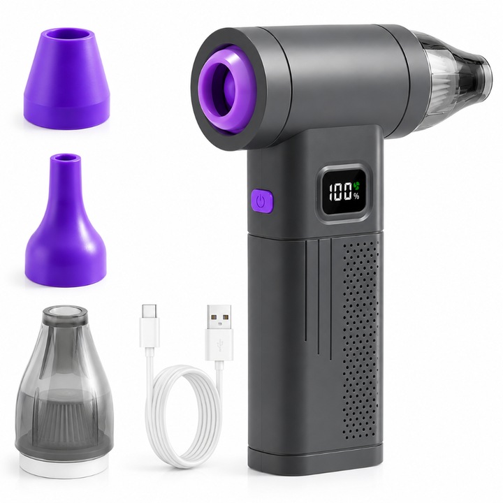 Suflanta Aer Comprimat 2 in 1, Turbo Fan 150000 RPM, 5 Trepte Putere, Afisaj Digital, Lumina LED, Functie Aspirare, Motor Fara Perii, pentru Auto, Frizerie, Curatare Filtre, Praf si Frunze, Portabila, Incarcare USB-C, 3 Capete Incluse, Gri