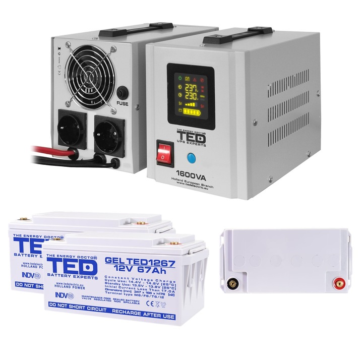 Pachet UPS cu 2 Acumulatori Externi Inclusi GEL Deep Cycle 12V 67Ah, Unda Sinusoidala Pura cu 2 Iesiri Schuko 1600VA 1050W si Display, TED Electric
