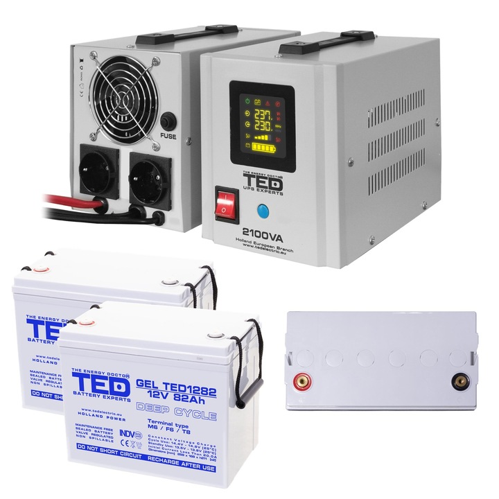 Pachet UPS cu 2 Acumulatori Externi Inclusi GEL Deep Cycle 12V 82Ah, Unda Sinusoidala Pura cu 2 Iesiri Schuko 2100VA 1400W si Display, TED Electric