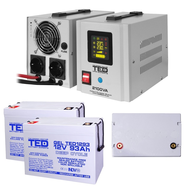 Pachet UPS cu 2 Acumulatori Externi Inclusi GEL Deep Cycle 12V 93Ah, Unda Sinusoidala Pura cu 2 Iesiri Schuko 2100VA 1400W si Display, TED Electric