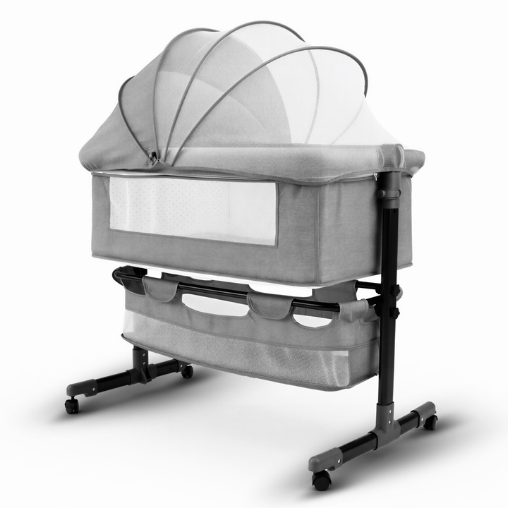 Pat nou-nascut Invincio Dream, Patut bebelus pliabil si portabil, Functie Co-Sleeper si Leganare, Saltea si plasa anti-tantari incluse, Inaltime Reglabila 2 Pozitii si inclinare anti-reflux, Cos Depozitare, Roti cu Blocare, 95×60×80cm, Pana la 15kg, Gri